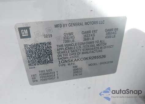 2019 Chevrolet Tahoe Ls z USA, uszkodzony, nr VIN 1GNSKAKC0KR295526